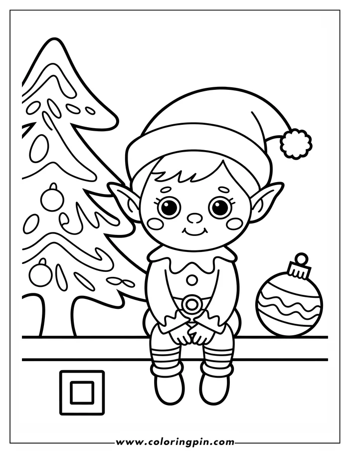 Simple line art of a Christmas elf sitting on a shelf with a decorated Christmas tree and a Christmas ornament, designed as a coloring page for kids.