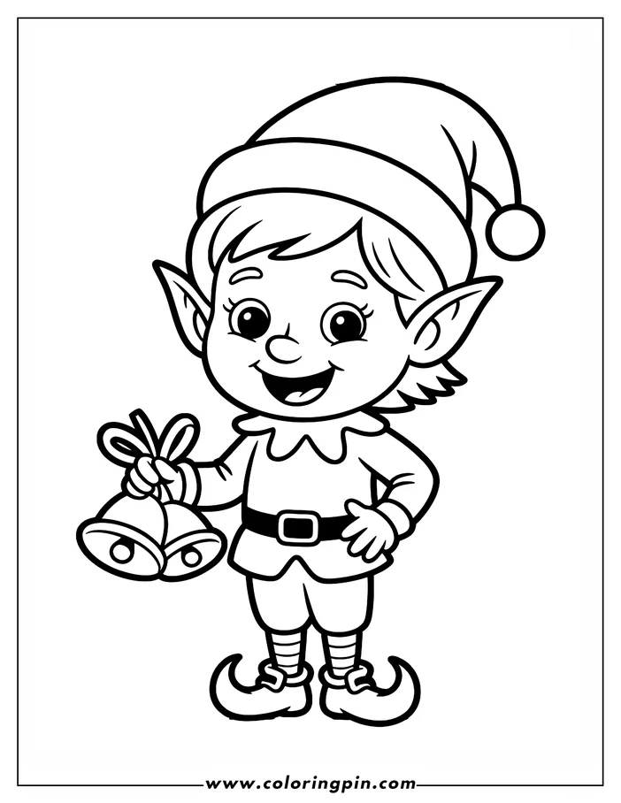 Line art of a Christmas elf holding jingle bells. The elf wears a pointed hat and shoes and has a cheerful expression. This is a coloring sheet design, ideal for kids.