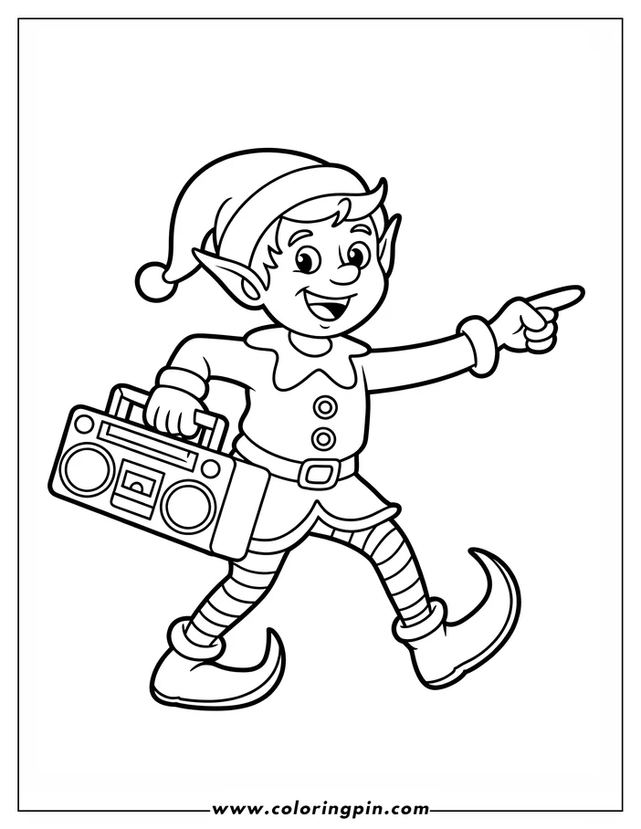 Line art of a Christmas elf, wearing a pointed hat, tunic, and striped stockings, walking with a boombox and pointing. This is a coloring page design.