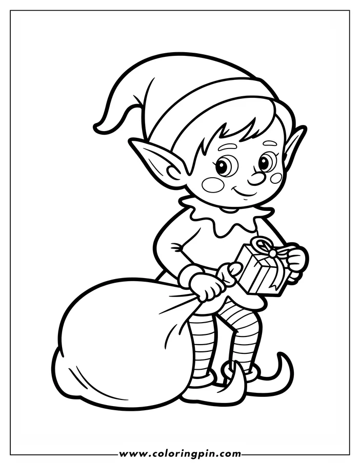 Line art of a Christmas elf holding a gift and a large bag, a coloring sheet design. The elf wears a pointed hat, tunic, and striped stockings, with curled shoes.