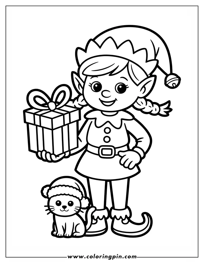 Line art of a Christmas elf holding a present, standing next to a cat wearing a Santa hat, a coloring sheet design.