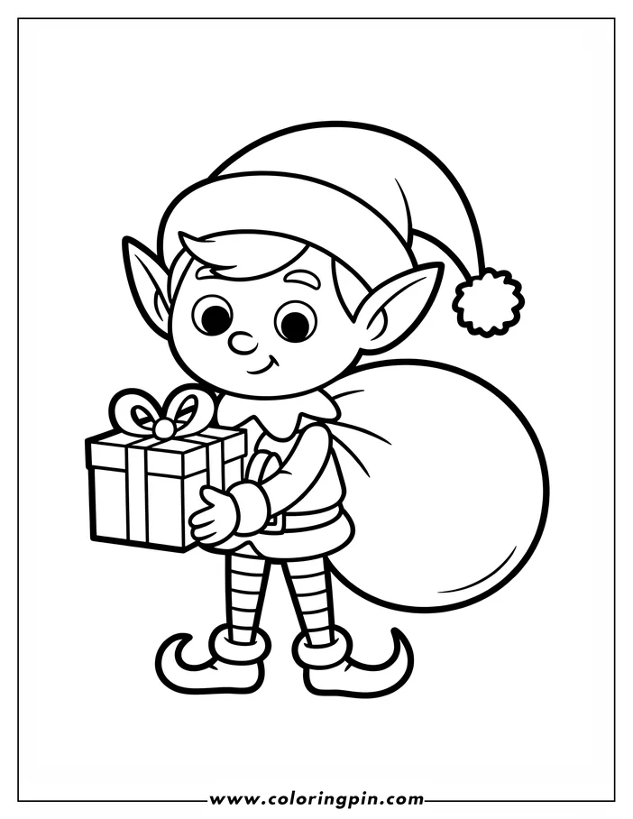 Line art of a Christmas elf holding a gift, wearing a hat with a pompom and carrying a sack.
