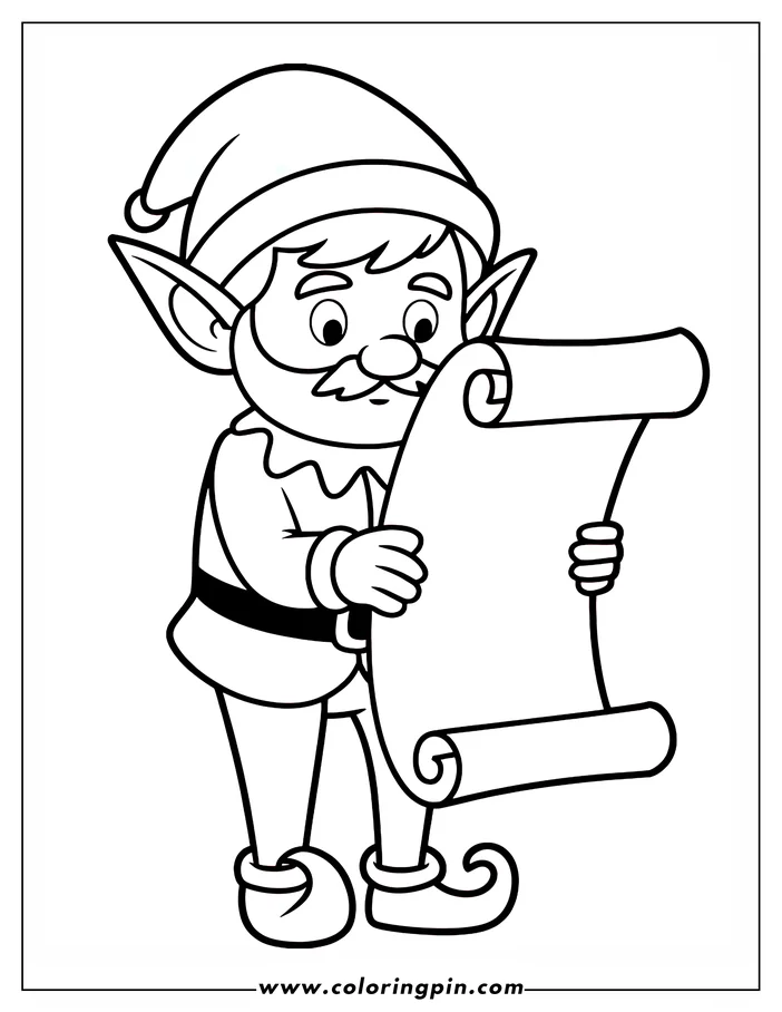 Line art of a Christmas elf holding a scroll. He wears a pointed hat, tunic, and curled shoes, a classic Christmas character ready to be colored.