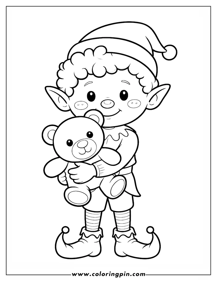 Line art of a Christmas elf holding a teddy bear. The elf, wearing a pointed hat and tunic, smiles warmly. This festive outline drawing is ready for coloring.
