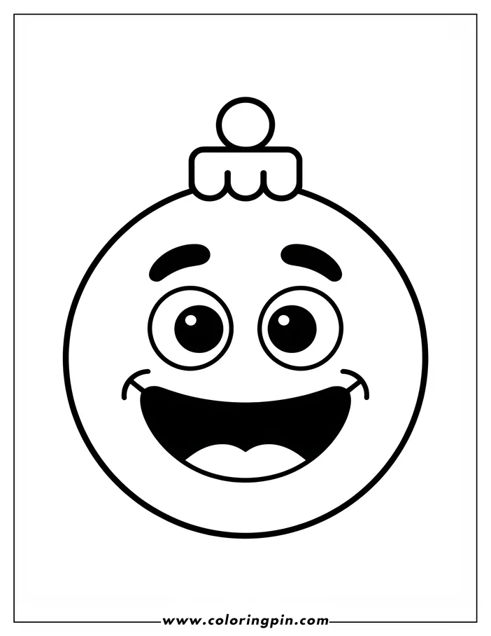 Line art of a simple Christmas ornament with a happy cartoon face.