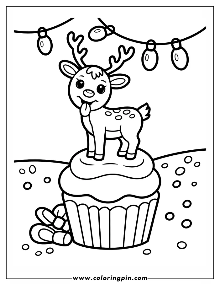 Line art of a Christmas reindeer standing on a cupcake, with a string of lights and a bow, designed as a coloring page.