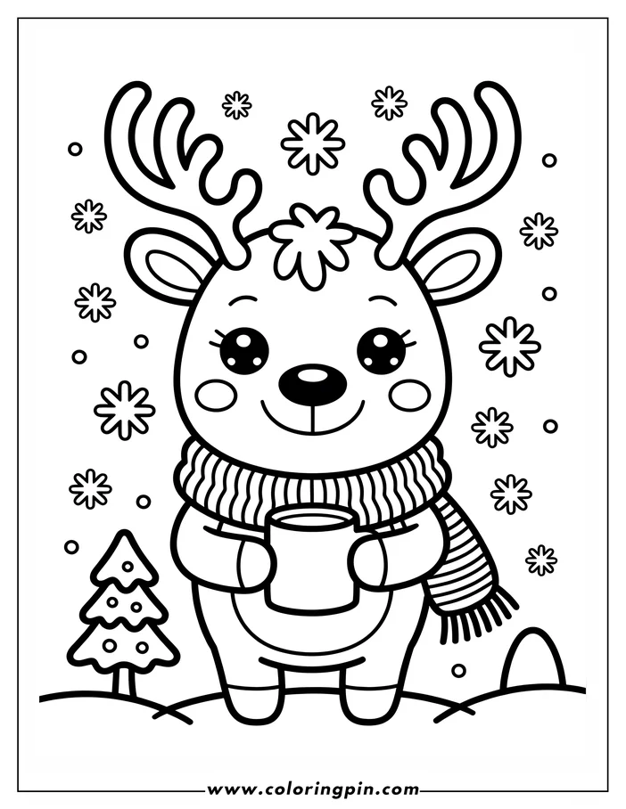 A Christmas reindeer coloring page design, featuring a cartoon reindeer holding a mug, wearing a winter scarf, with a Christmas tree and falling snowflakes in the snowy scene.
