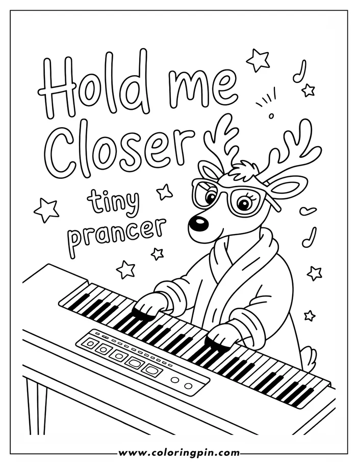 Line art of a Christmas reindeer wearing a bathrobe and glasses, playing a piano.  Musical notes and stars float around the reindeer in this festive coloring page design.
