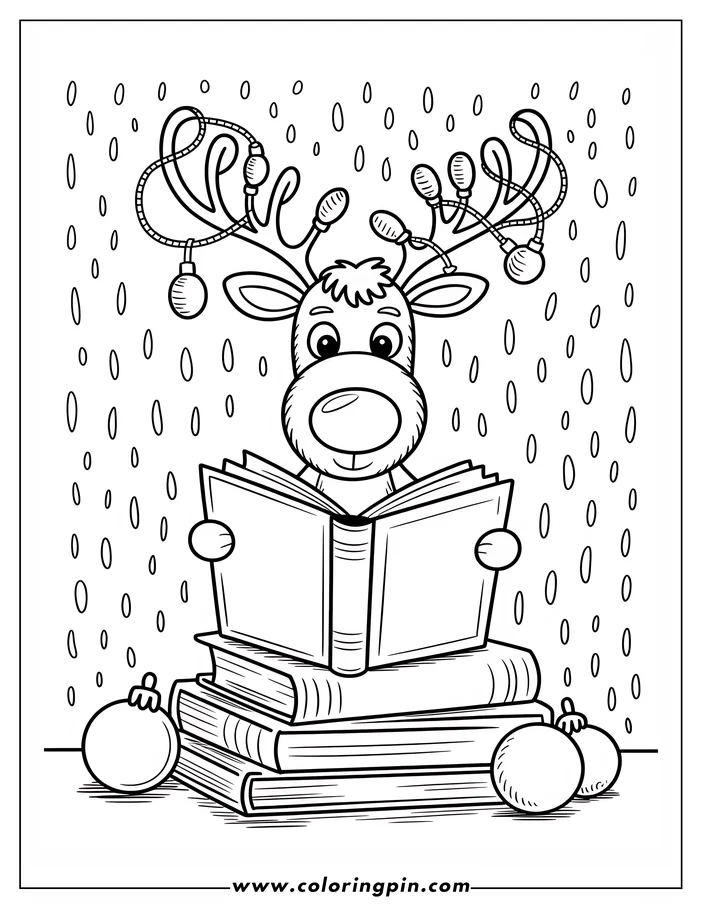 Line art of a Christmas reindeer reading a book. It's sitting on a stack of more books. The reindeer has Christmas lights strung on its antlers and ornaments surround the books. The background features small circles, likely representing snow. This design is intended for a coloring page.
