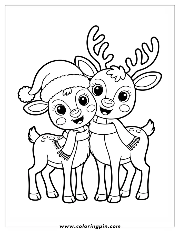 Line art depicting two Christmas reindeer wearing scarves. One reindeer has a Santa hat, and the other has antlers. The reindeer are standing close together, perfect for a festive coloring page.
