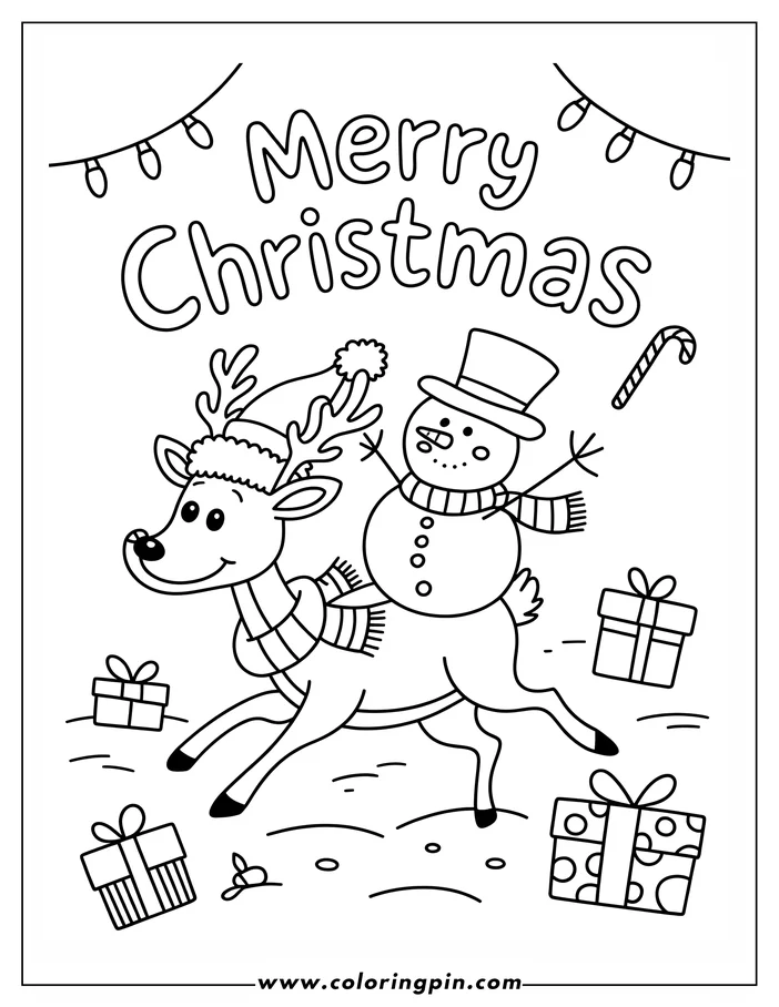 Line art illustration of a Christmas reindeer giving a snowman a ride. The reindeer wears a Santa hat and scarf, and the snowman has a top hat and scarf. Presents and a candy cane surround them, and "Merry Christmas" is written above with festive lights, creating a cheerful coloring page design.