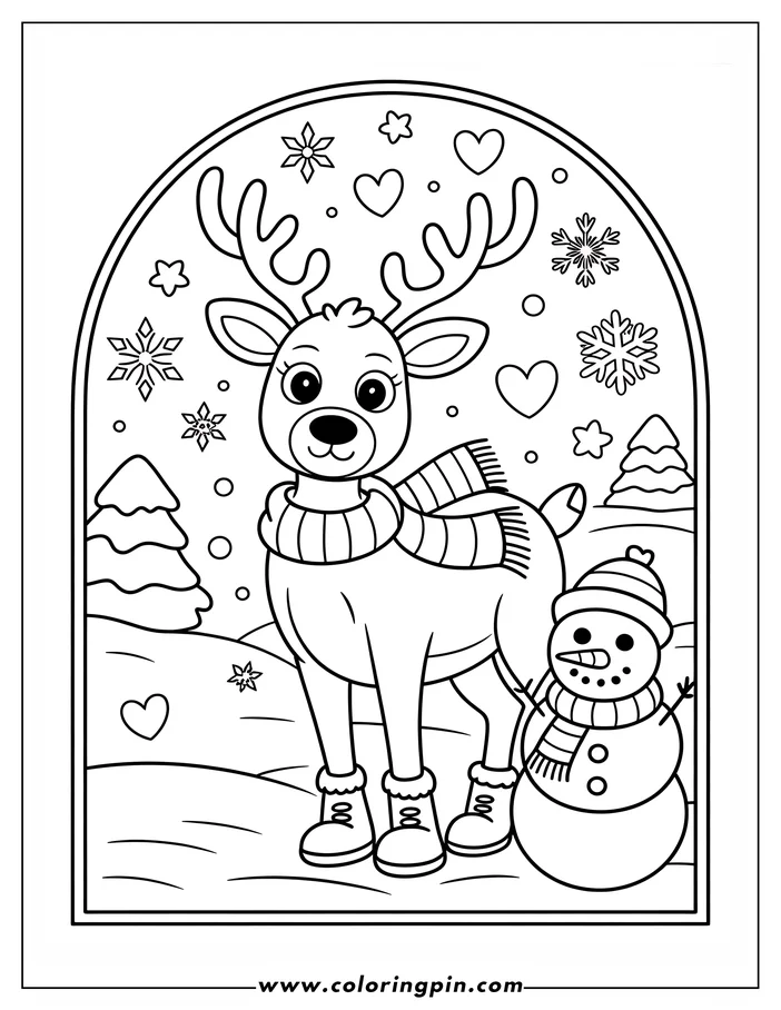 Line art of a Christmas reindeer and a snowman in a snowy scene. The reindeer wears a scarf and boots and stands next to the snowman, who has a carrot nose and twig arms. Snowflakes, hearts, and a Christmas tree fill the background. This is a coloring sheet design ready for printing and coloring.