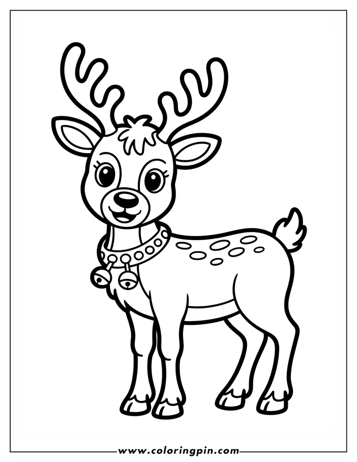Line art of a Christmas reindeer wearing a bell collar. The reindeer has spots and antlers. It is a simple drawing meant for coloring.