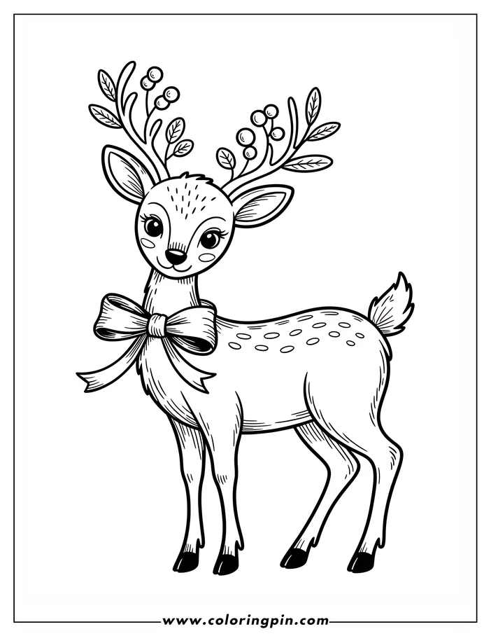 Line art of a Christmas reindeer wearing a large bow. Its antlers are decorated with leaves and berries. The reindeer's coat is marked with small circles. This is a printable coloring page design.