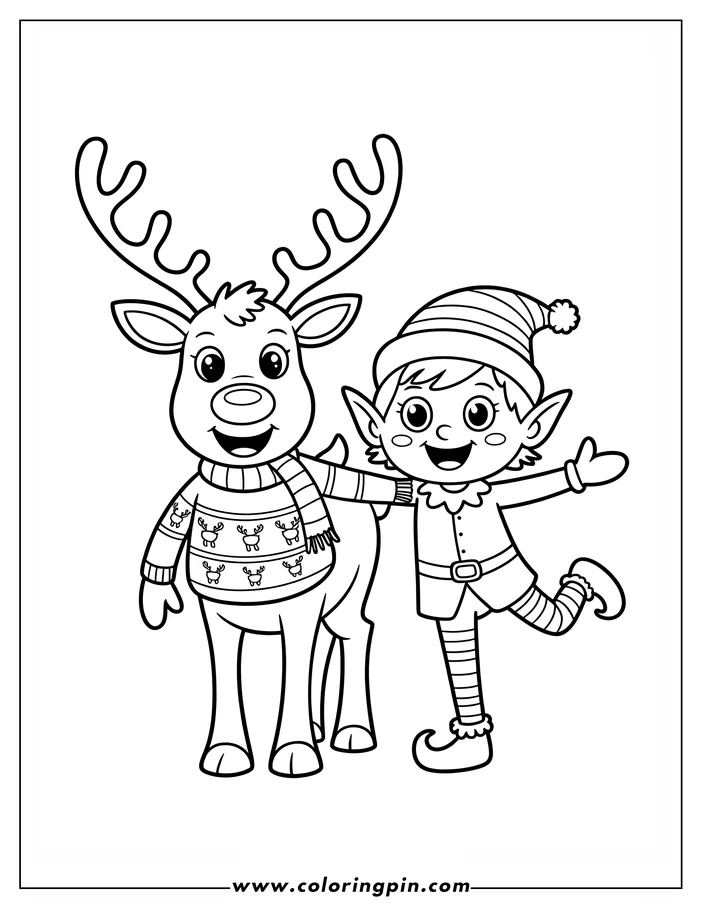 Line art of a Christmas reindeer and an elf. The reindeer wears a patterned sweater and scarf. The elf wears a pointed hat and striped clothes, and they are positioned side by side.