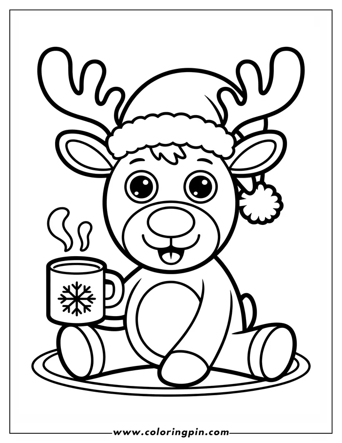 Line art of a Christmas reindeer wearing a Santa hat and holding a mug of hot cocoa.  The reindeer is sitting on a rug. Design for a coloring sheet.