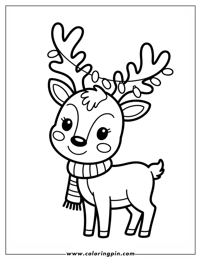 Line art of a Christmas reindeer wearing a striped scarf and a string of lights draped over its antlers. This simple drawing is designed as a coloring page for kids and adults.