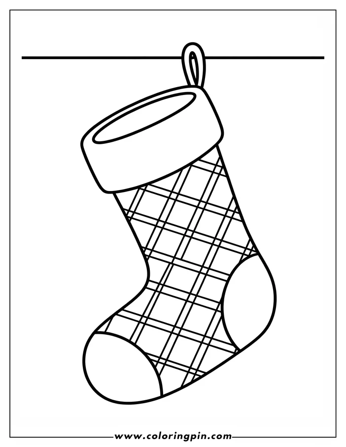 Line art of a Christmas stocking hanging from a line, ready to be colored.
