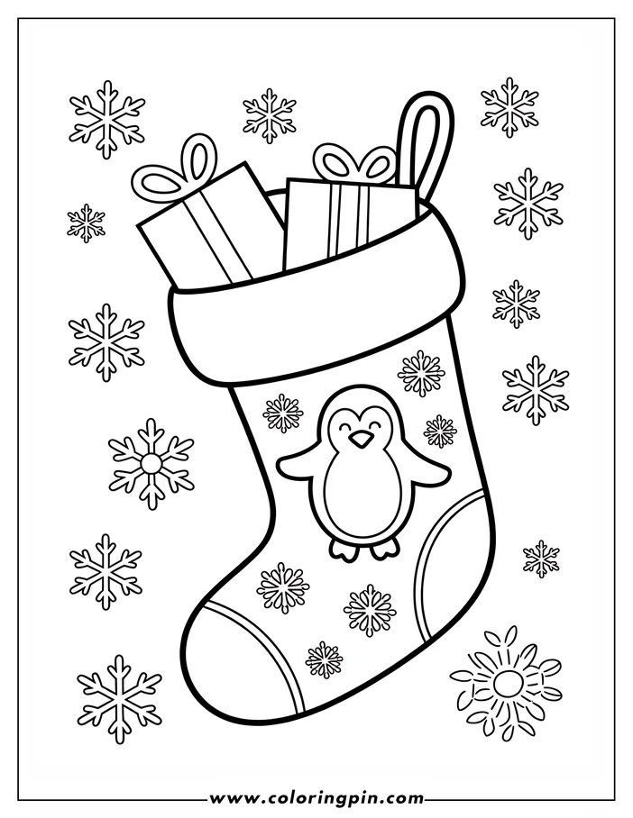 Outline of a Christmas stocking decorated with a penguin and snowflakes, with presents peeking out the top.