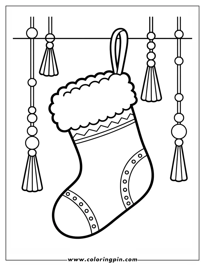 Outline of a Christmas stocking with fluffy top and decorative circles hanging with beaded tassels.
