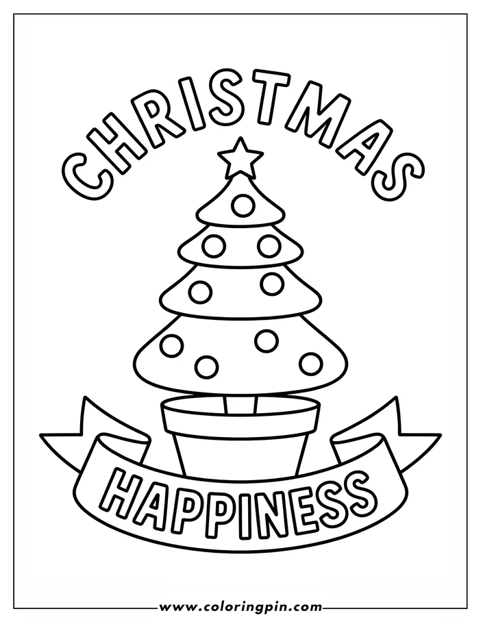 Outline of a Christmas tree with ornaments in a pot, with a banner reading "HAPPINESS"