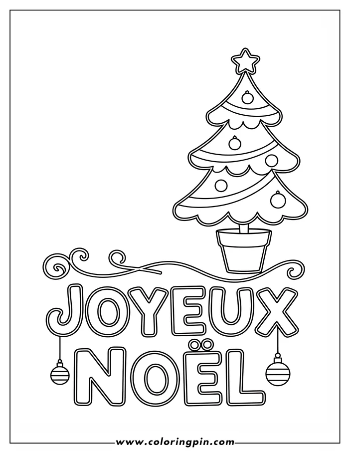 Line art of a Christmas tree with ornaments and a star, alongside the words "Joyeux Noel."