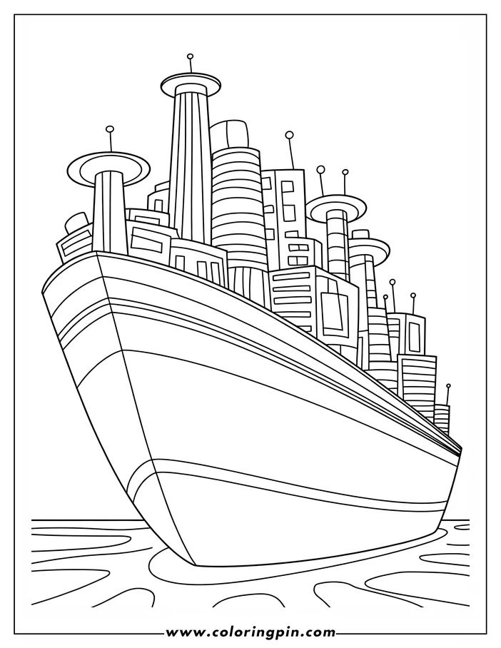 Outline of a large ship carrying a futuristic city on its deck, sailing on water.