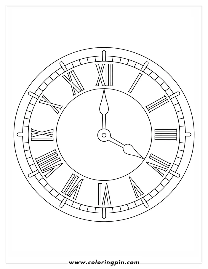 Line art of a clock with Roman numerals and hands.