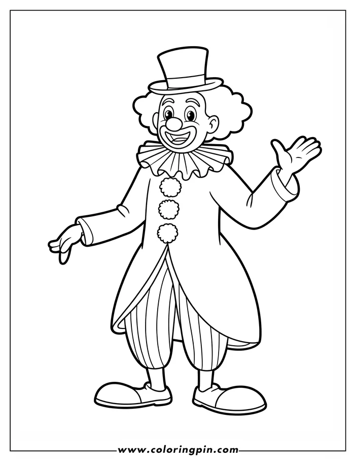 Line art of a friendly clown waving. He's dressed in classic clown attire with a top hat, ruffled collar, pom-poms, and big shoes.