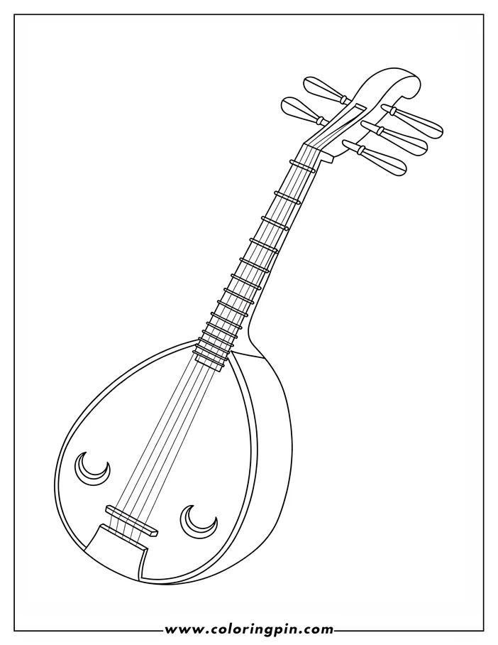 Line art of a cobza lute, a multi-stringed instrument with a pear-shaped body, fretboard, and tuning pegs. Two crescent moon shapes decorate the soundboard.