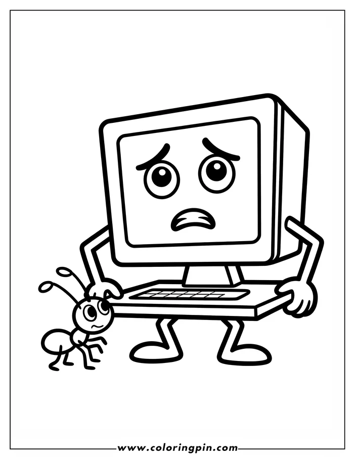 Line art of a cartoon computer with a worried expression and a small ant beside it.