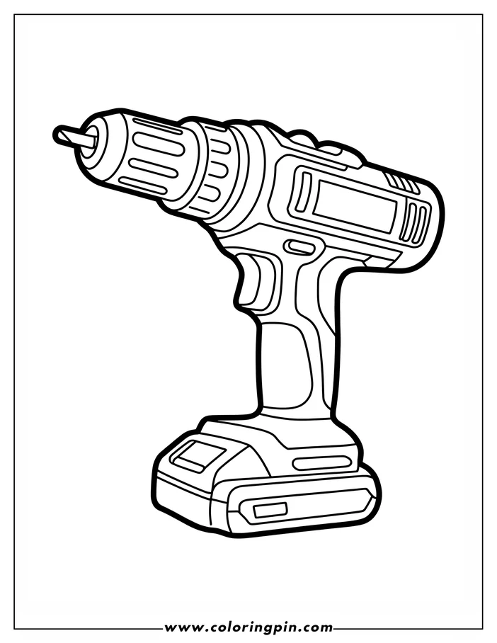 Line art of a cordless drill with details like the handle, buttons, and drill bit.