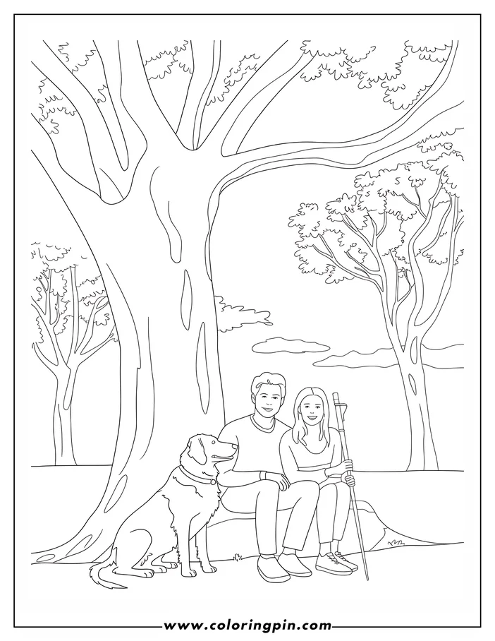 Line art of a couple and their dog resting beneath a tree in nature. The woman holds a walking stick.