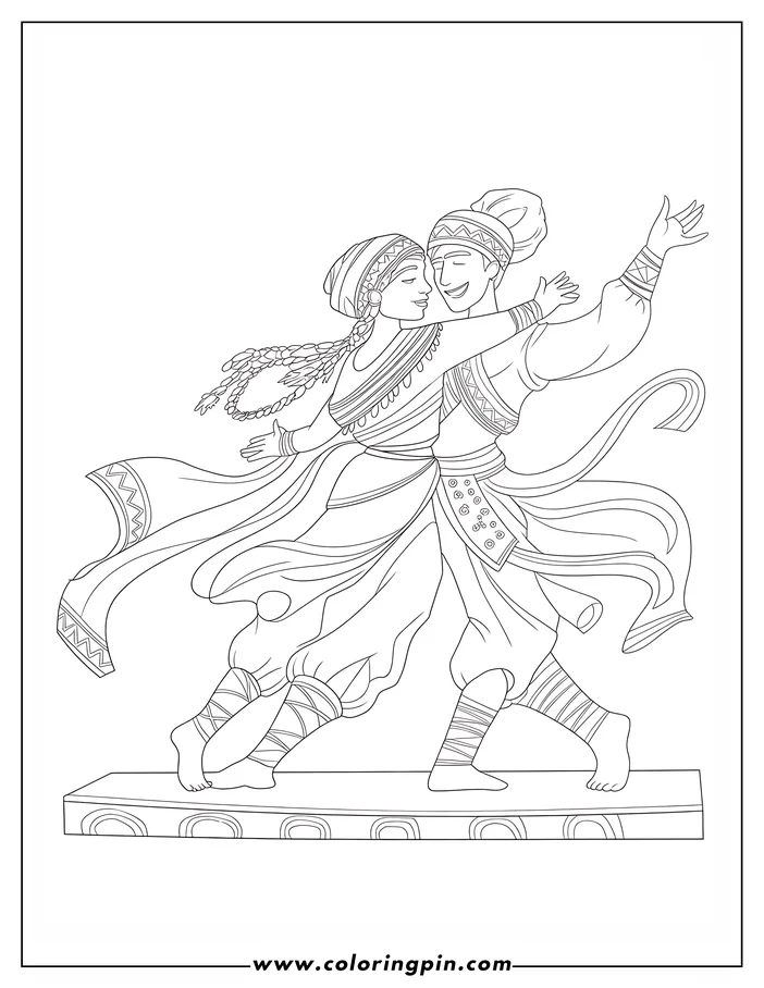 Line art of a man and a woman dancing in traditional clothing on a decorated platform.