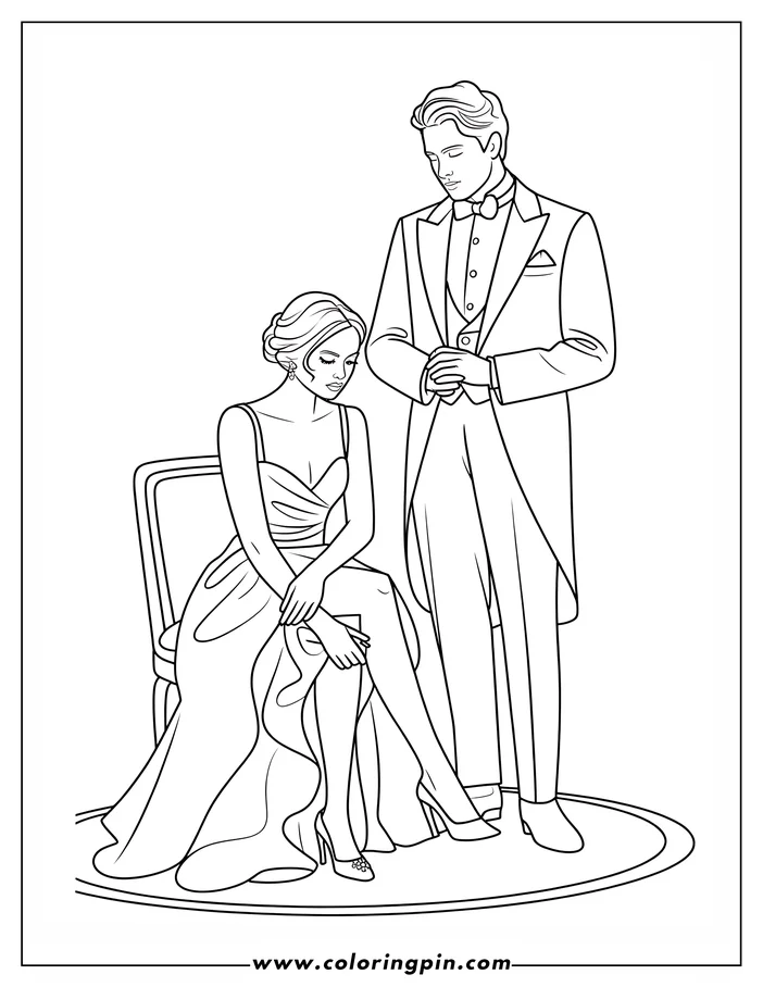 A woman sitting in a chair wearing an elegant gown and a man in a tuxedo standing beside her, possibly at a formal event.