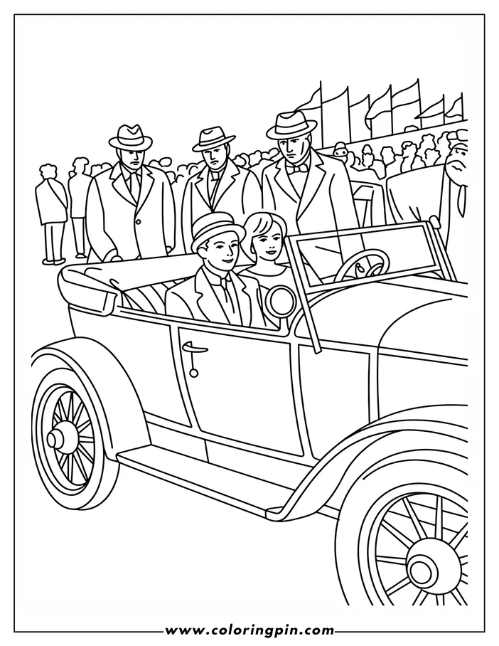 Line art of a couple sitting in a vintage car, surrounded by men in suits and a crowd of onlookers. Flags are visible in the background, indicating a public event.