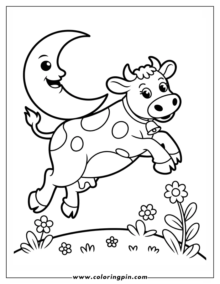 Outline of a cartoon cow jumping over a smiling crescent moon with flowers below.