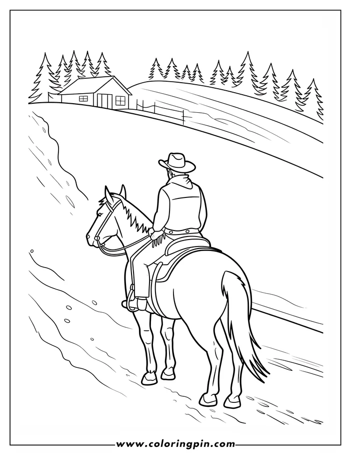 Outline of a cowboy on horseback, seen from behind, heading down a dirt path towards a farmhouse in the distance. The farmhouse has a fenced yard and pine trees on the hill behind it.