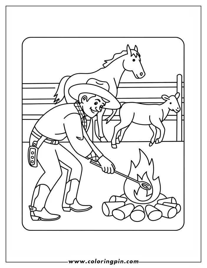 Cowboy tending a campfire with a horse and goat in the background