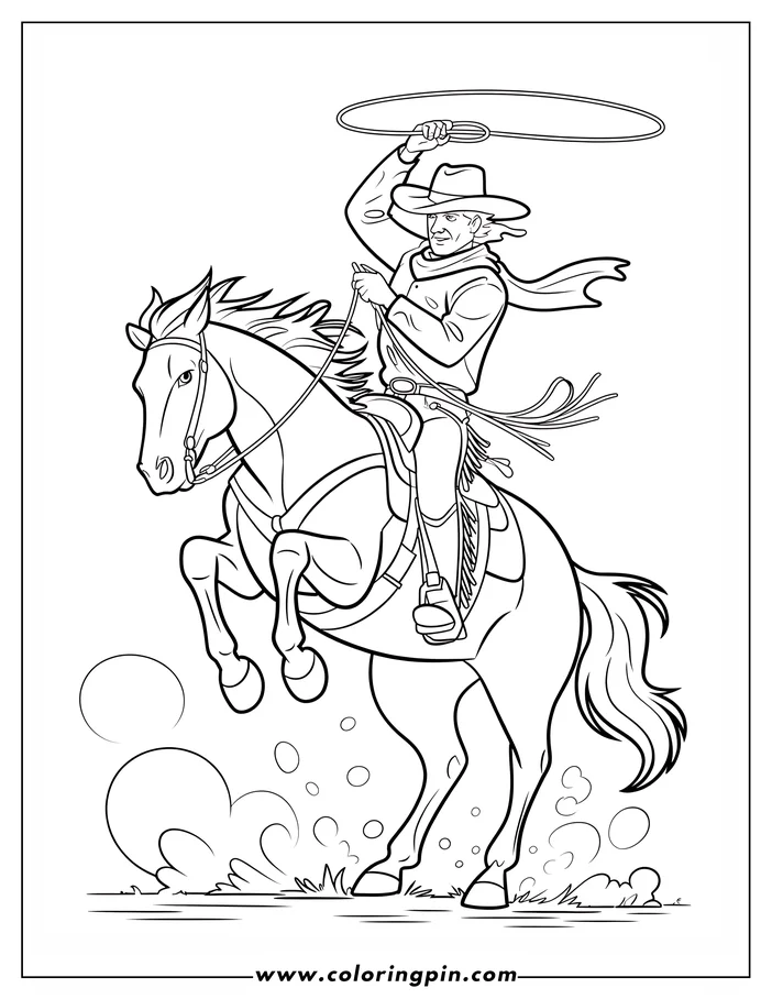 Outline of a cowboy on a rearing horse, twirling a lasso overhead