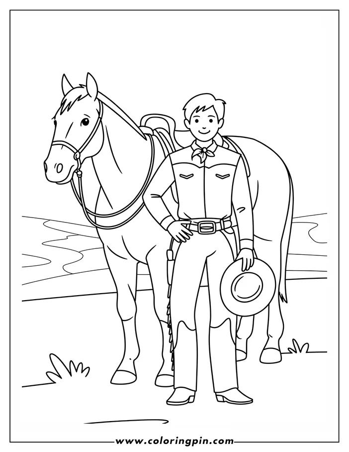 Outline of a cowboy standing next to his horse, holding his hat. They are in a simple outdoor setting.
