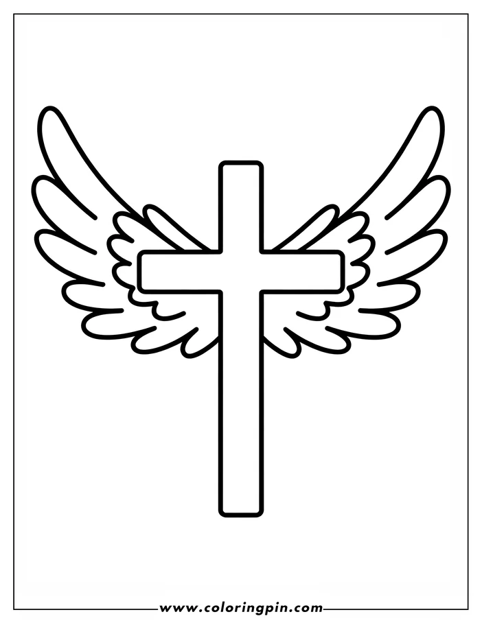 Line art of a cross with wings.