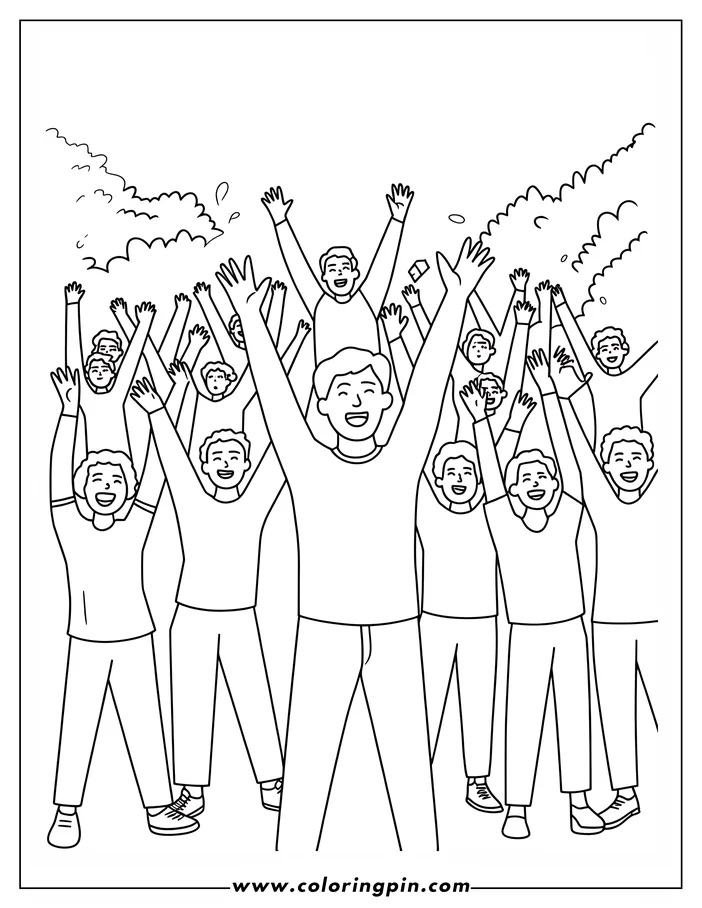 A crowd of people with their arms raised, joyfully cheering between two trees.