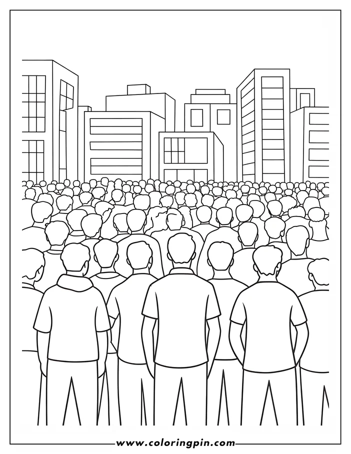 Outline of a crowd of people standing with their backs to the viewer, facing a cityscape