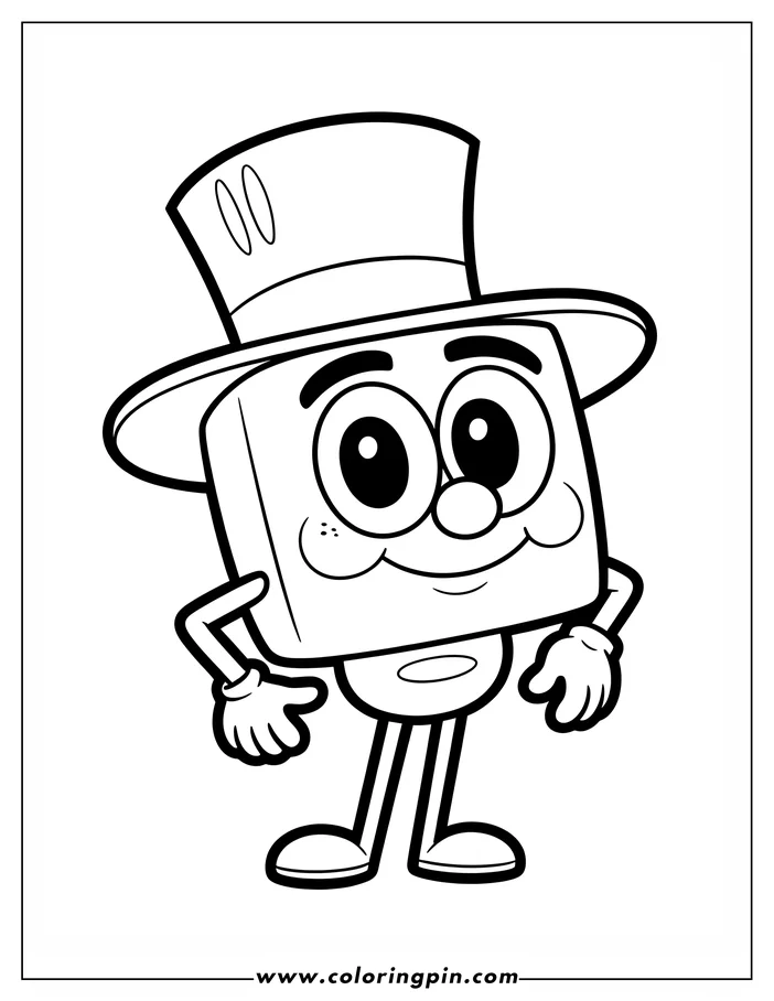 Line art of a friendly cube character wearing a tall top hat and gloves.