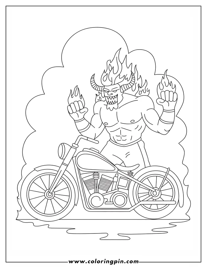 Line drawing of a muscular demon with flames around his head and hands standing behind a motorcycle with his fists raised.