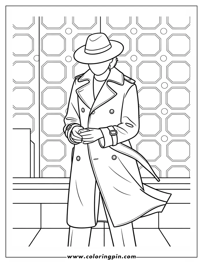 Line art of a detective in a trench coat and fedora, adjusting their cuffs.