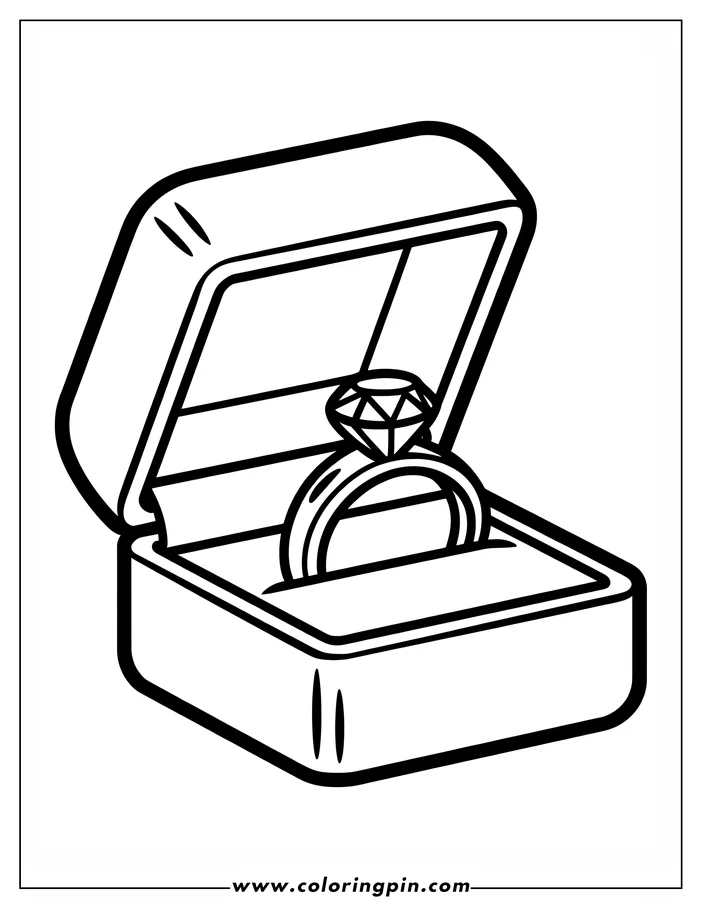 Line art of a diamond ring in a box, ready to be colored.