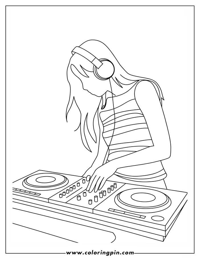 Line art of a female DJ with headphones operating a DJ console with turntables.
