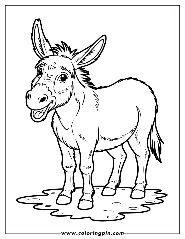 Outline of a donkey standing in a puddle.  It has large ears and a happy expression.